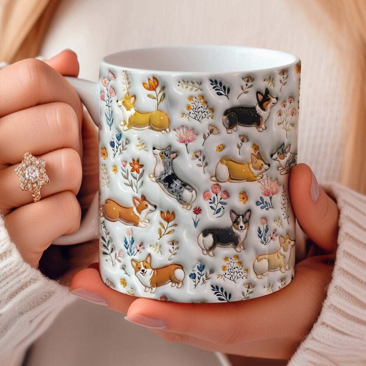 Lorva Corgi Flat Print Mug Happy Field Flowers
