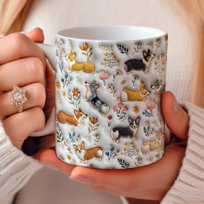 Lorva Corgi Flat Print Mug Happy Field Flowers