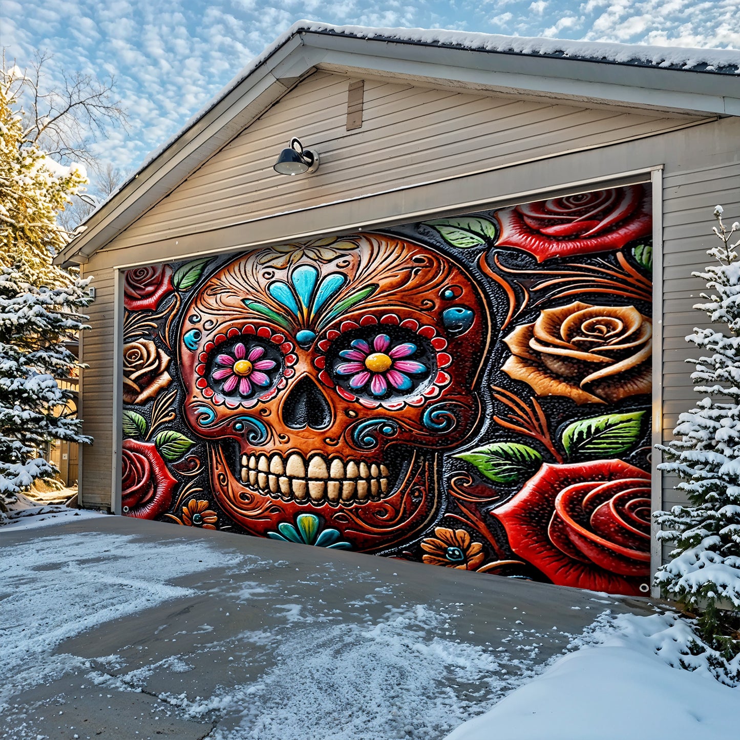 Lorva Garage Door Banner Gorgeous Rose Skull