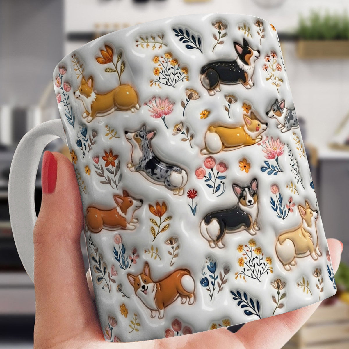Lorva Corgi Flat Print Mug Happy Field Flowers