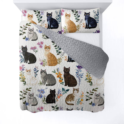 Lorva All Season Quilt 3-Piece Set Charming Floral Cats