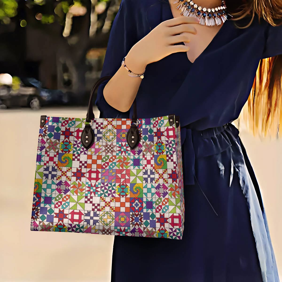 Lorva Leather Bag Colorful Quilting Blocks