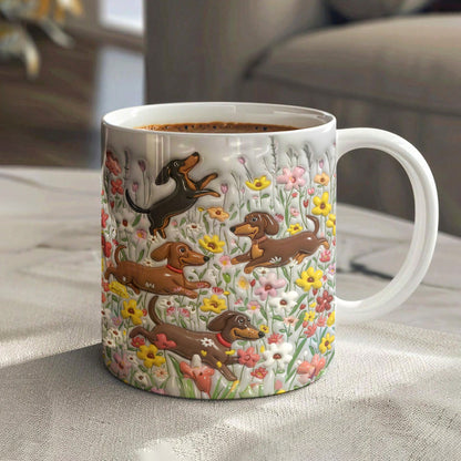 Lorva Flat Print Mug Puffy Happy Dachshunds In Flower Garden