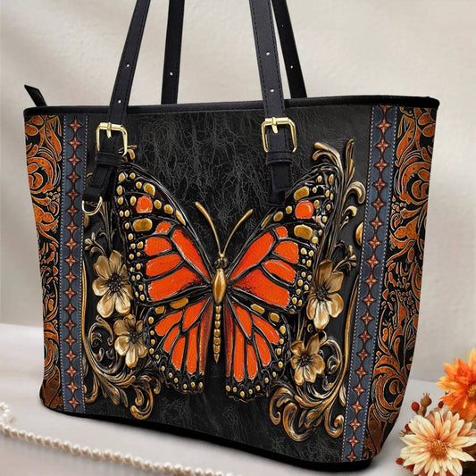Lorva Monarch Butterfly Leather Tote Bag Victorian Blaze