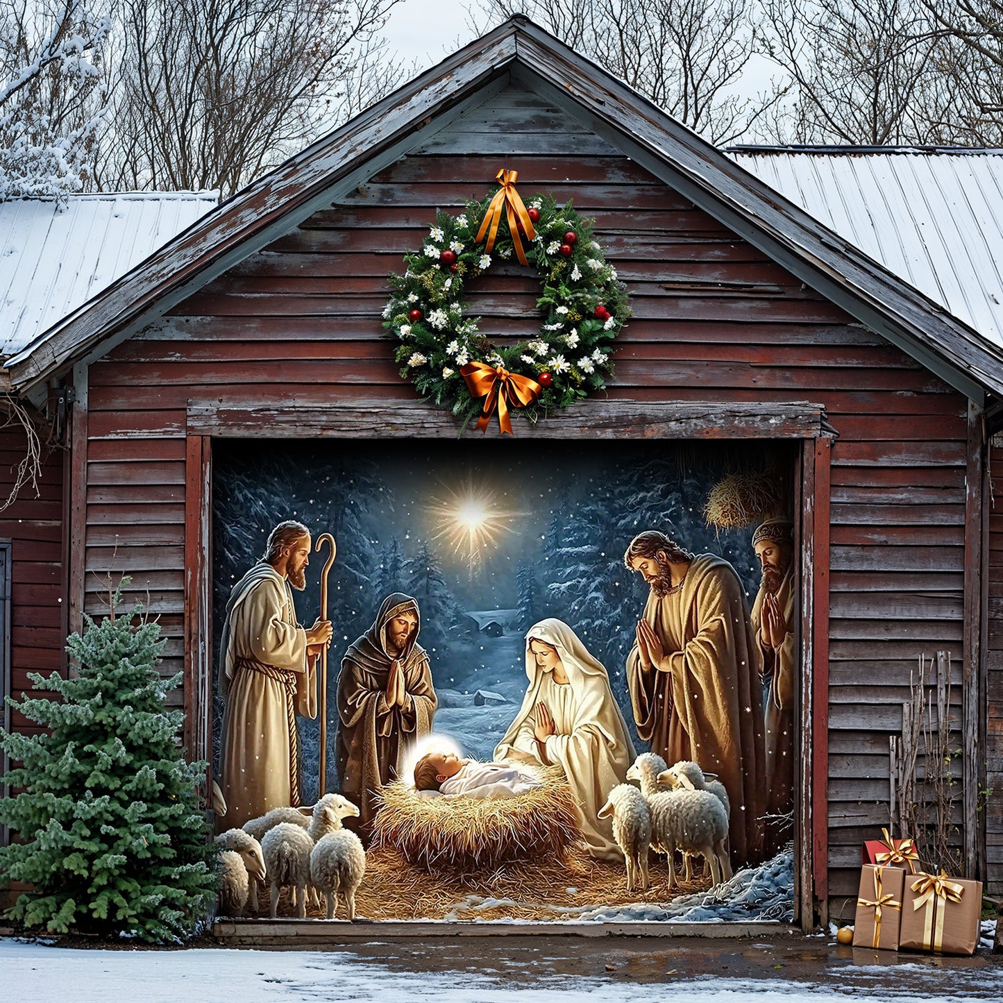 Lorva Christmas Garage Door Banner Decoration Faith Love The Nativity Scene