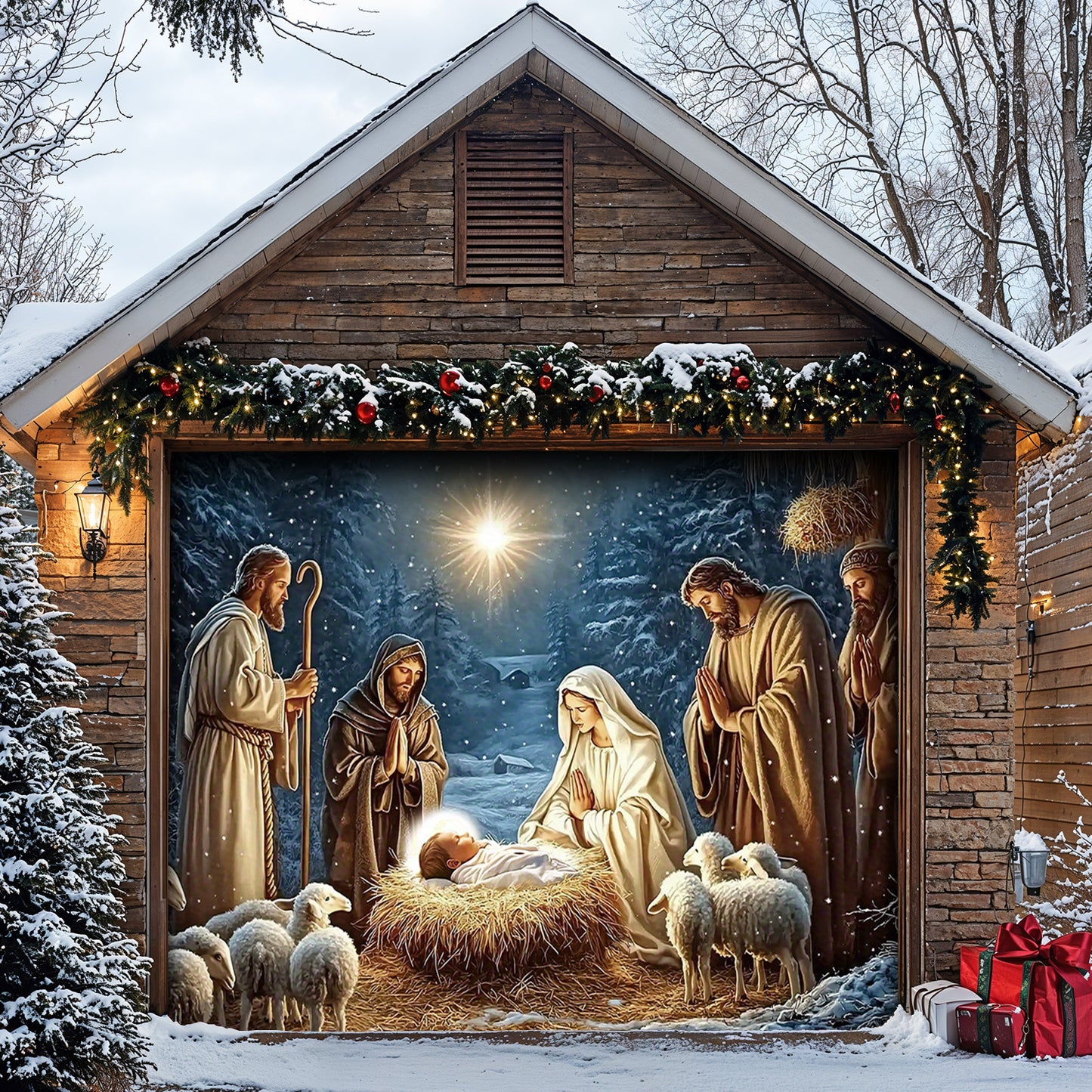 Lorva Christmas Garage Door Banner Decoration Faith Love The Nativity Scene