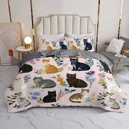 Lorva Cat All Season Quilt 3-Piece Set Pink Charming Floral Cats