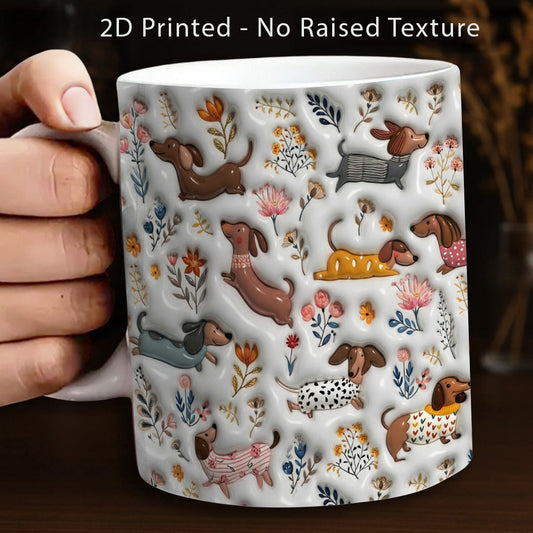 Lorva Dachshund Flat Print Mug Happy Field Flowers