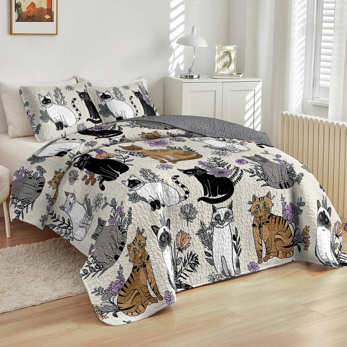Lorva All Season Quilt 3-Piece Set Whimsical Cats & Florals