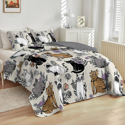 Lorva All Season Quilt 3-Piece Set Whimsical Cats & Florals