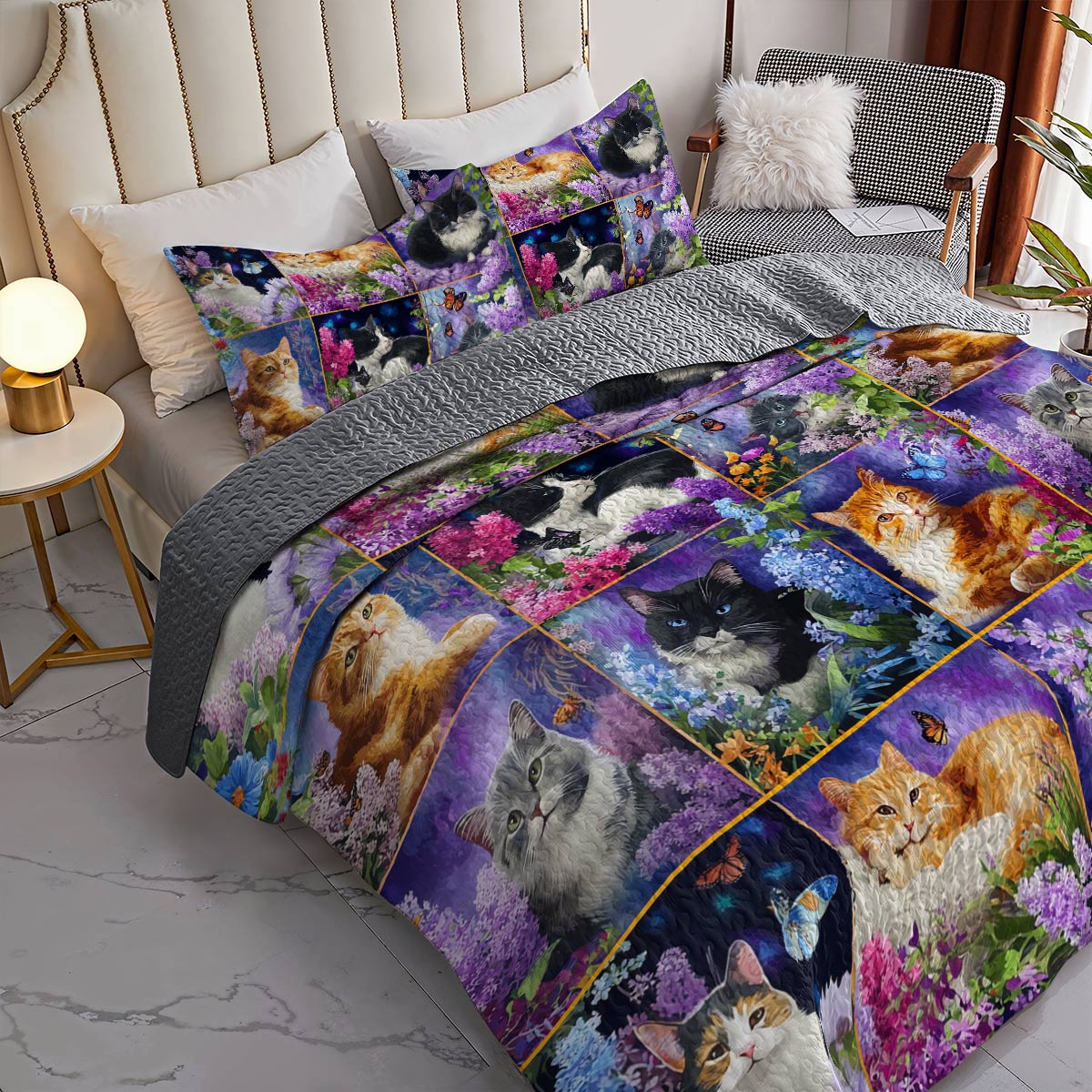 Lorva All Season Quilt 3-Piece Set Kittens With Flowers
