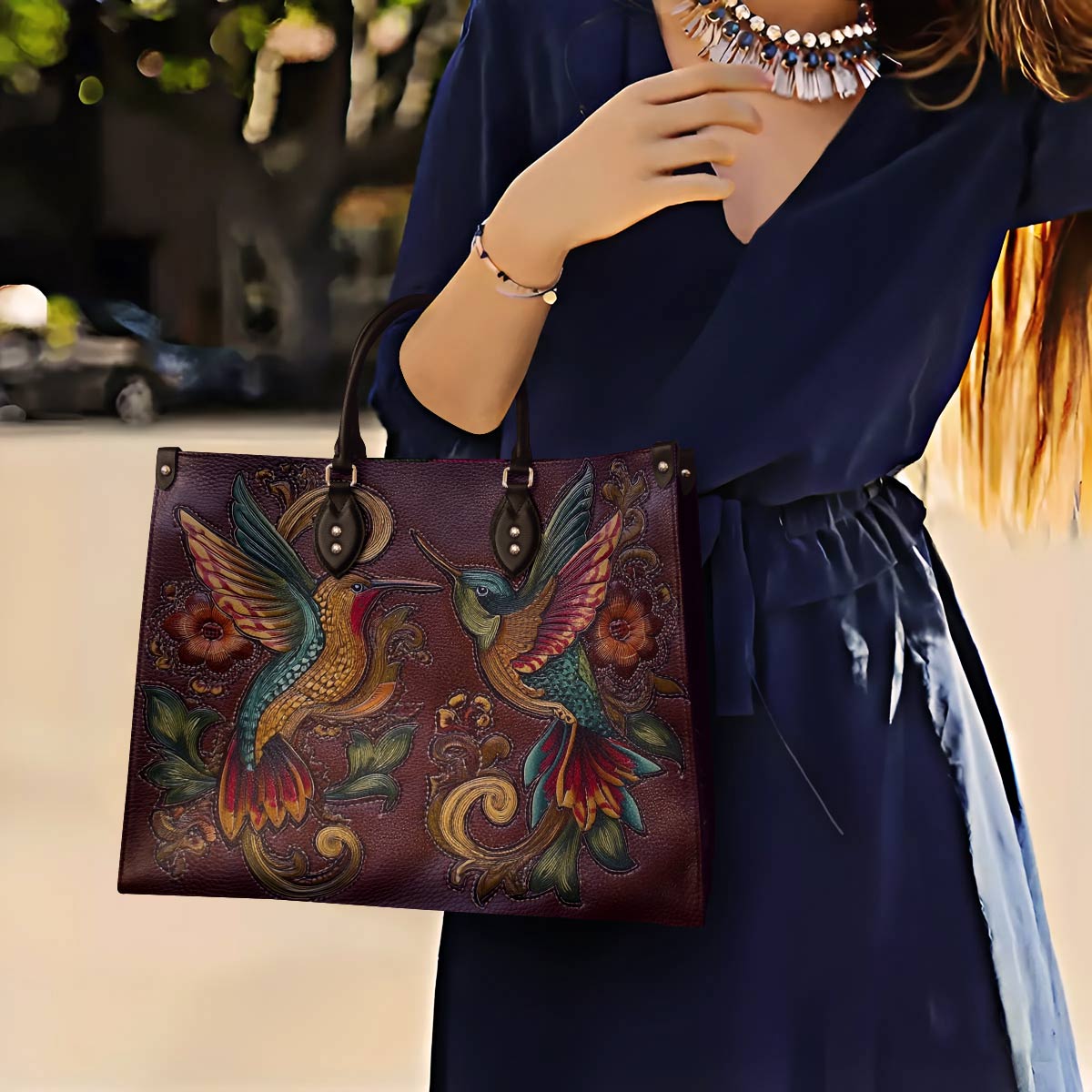 Lorva Leather Bag Vintage Floral Hummingbirds