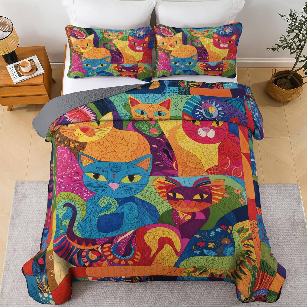 Lorva All Season Quilt 3-Piece Set Colorful Whimsical Cats