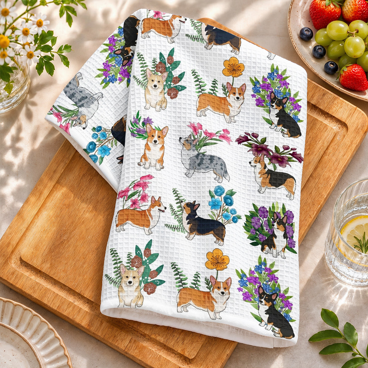 Lorva Corgi Kitchen Towel Botanical Corgi Bliss