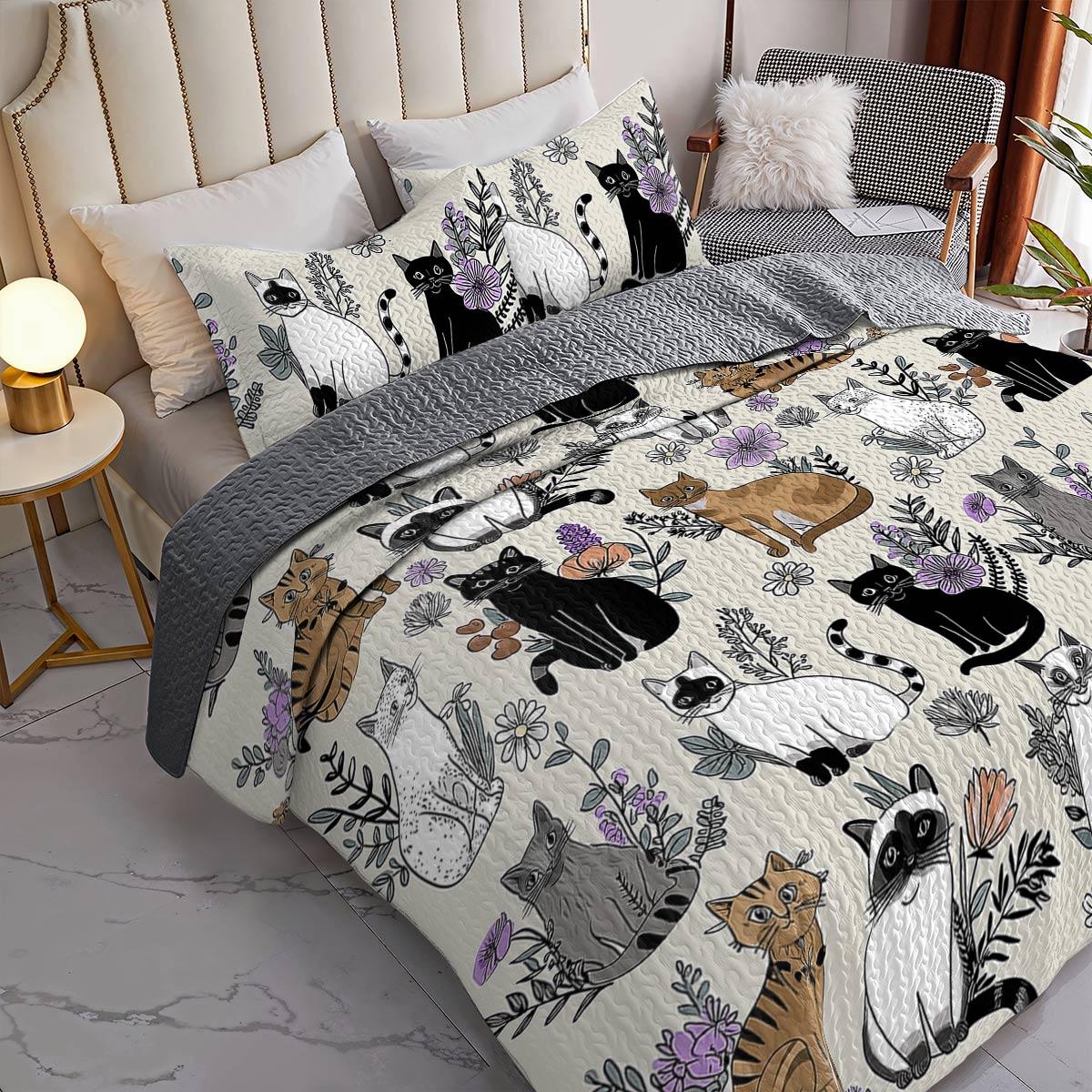 Lorva All Season Quilt 3-Piece Set Whimsical Cats & Florals