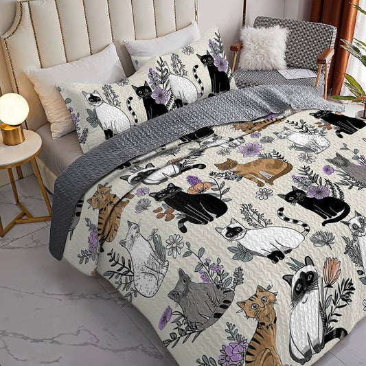 Lorva All Season Quilt 3-Piece Set Whimsical Cats & Florals