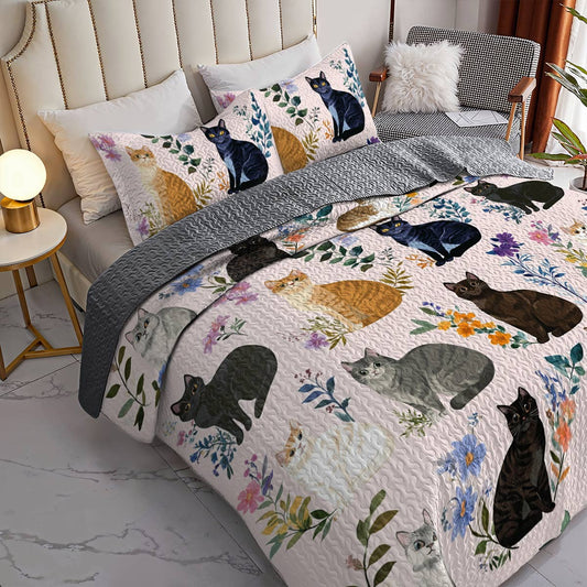 Lorva Cat All Season Quilt 3-Piece Set Pink Charming Floral Cats