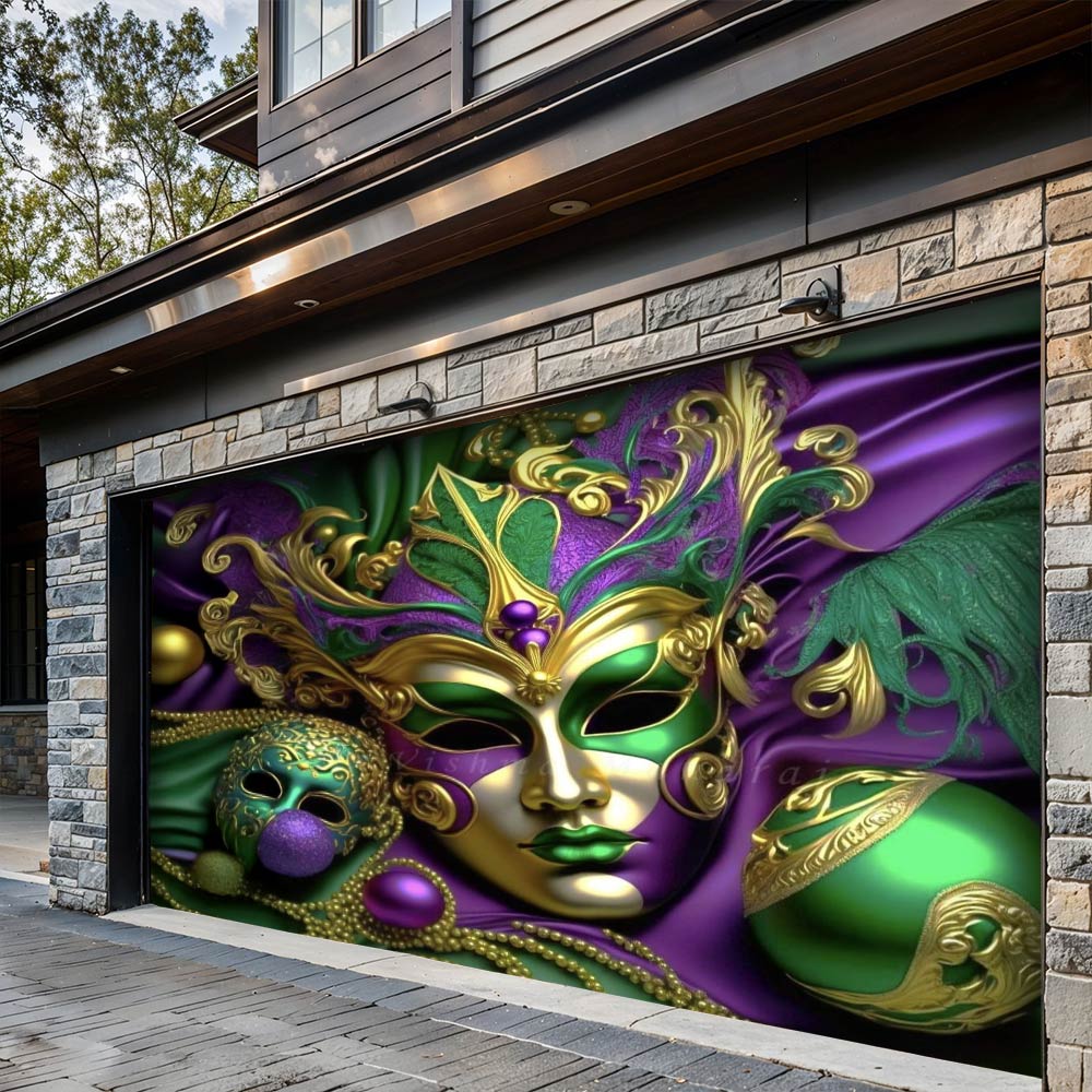 Lorva Mardi Gras Garage Door Banner Decoration Emerald Masquerade