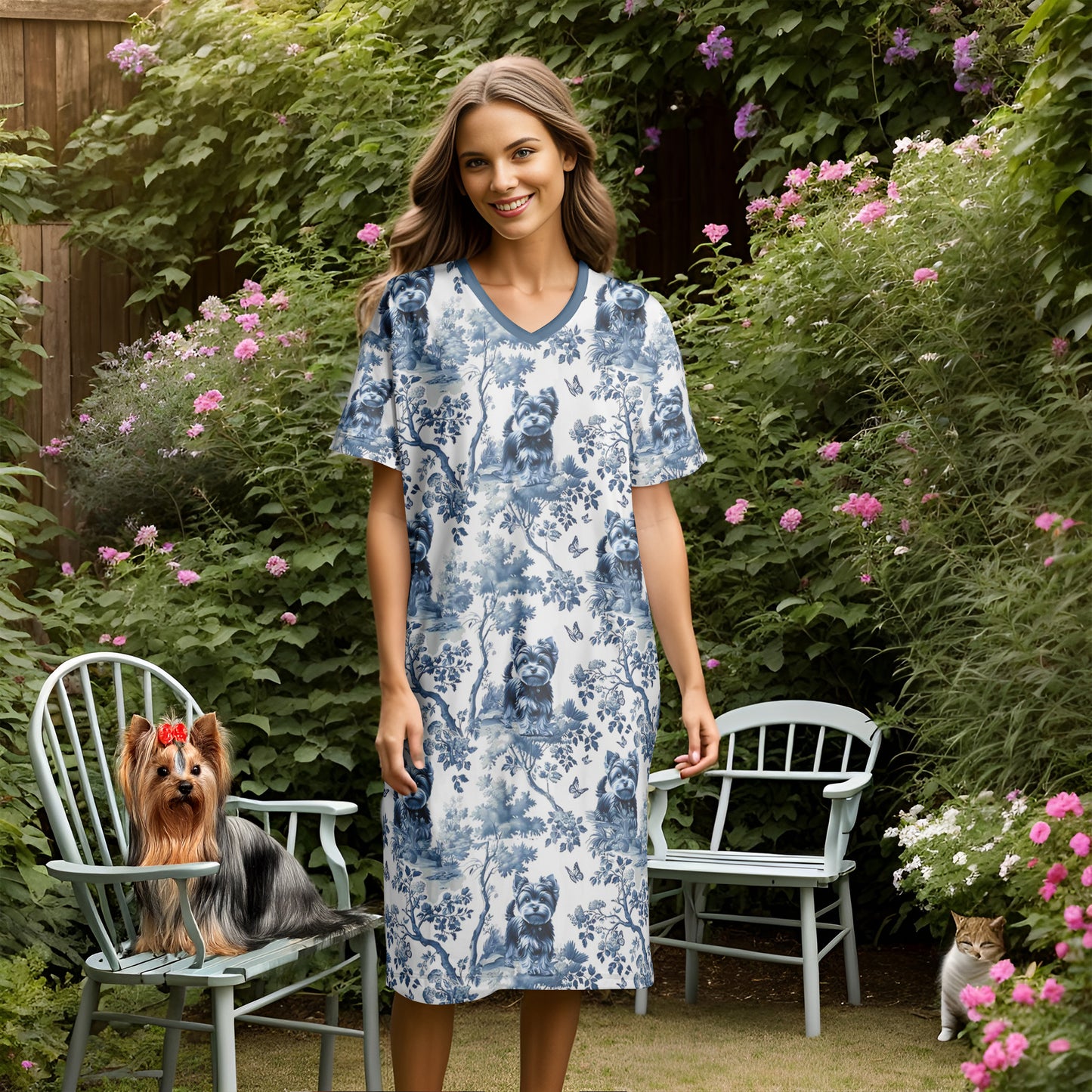 Lorva V-neck Nightshirt Charming Floral Yorkie