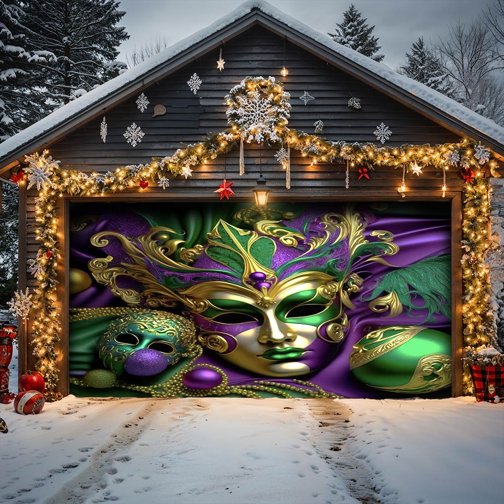Lorva Mardi Gras Garage Door Banner Decoration Emerald Masquerade