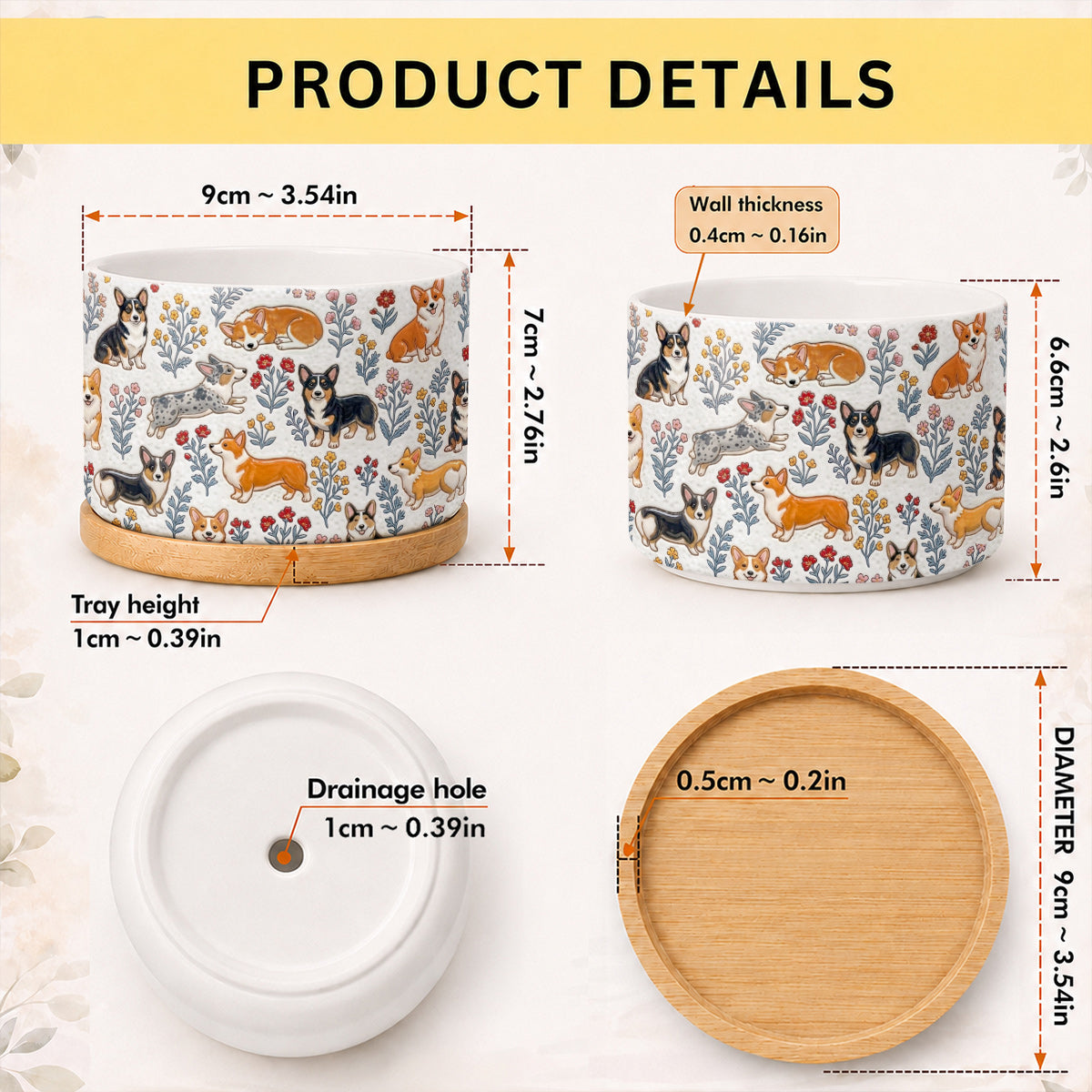 Lorva Corgi Flat Print Ceramic Plant Pot Happy Flower Gardens