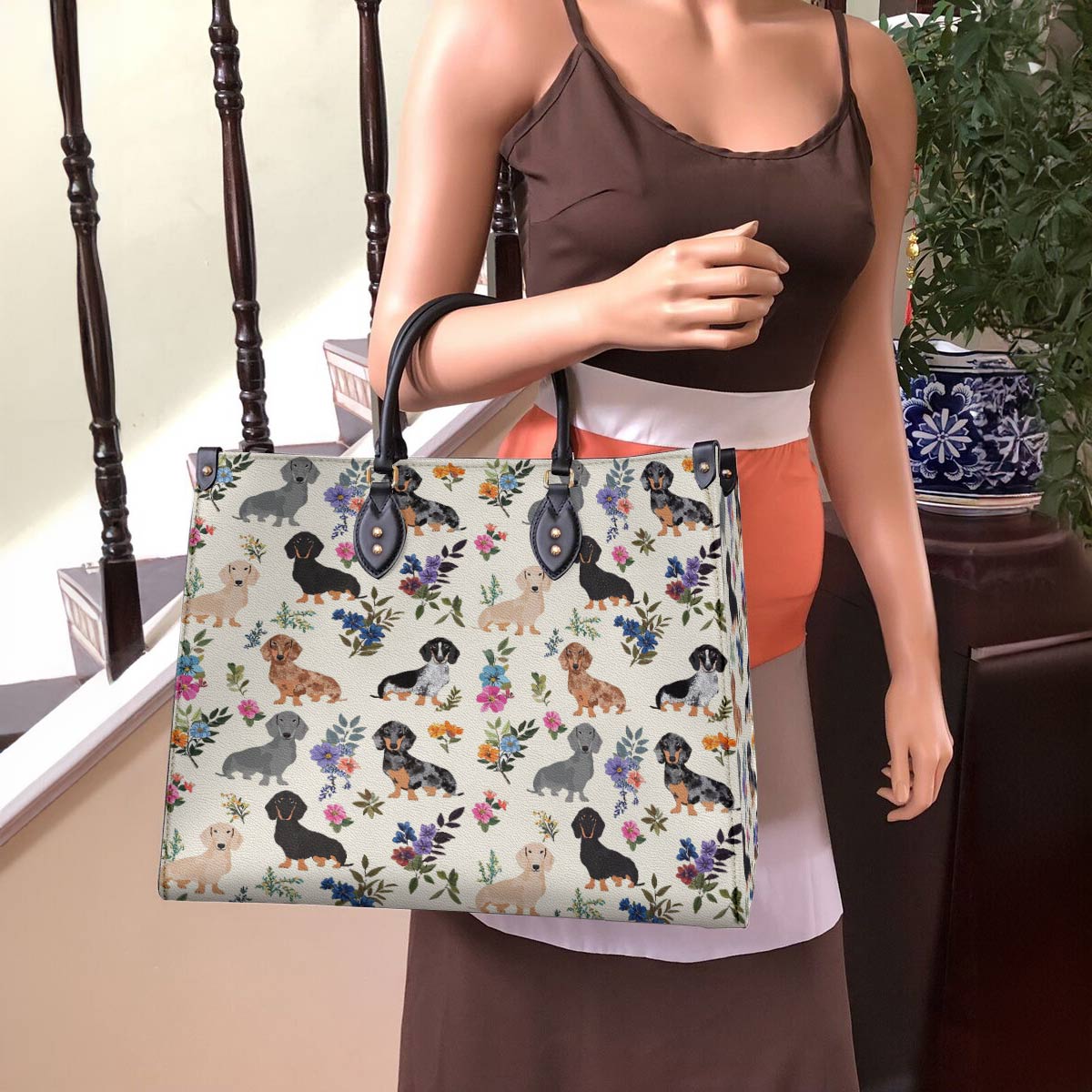 Lorva Leather Bag Charming Floral Dachshunds