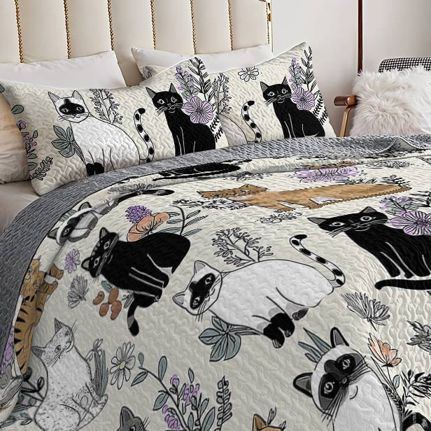 Lorva All Season Quilt 3-Piece Set Whimsical Cats & Florals