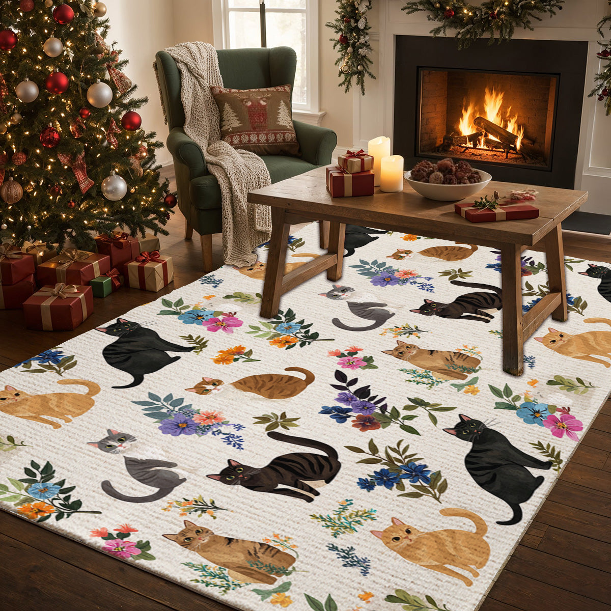 Lorva Area Rug Cute Floral Cats