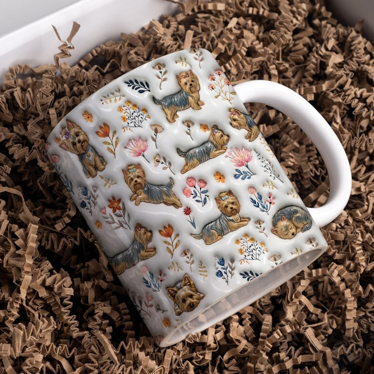 Lorva Yorkie Flat Print Mug Happy Field Flowers