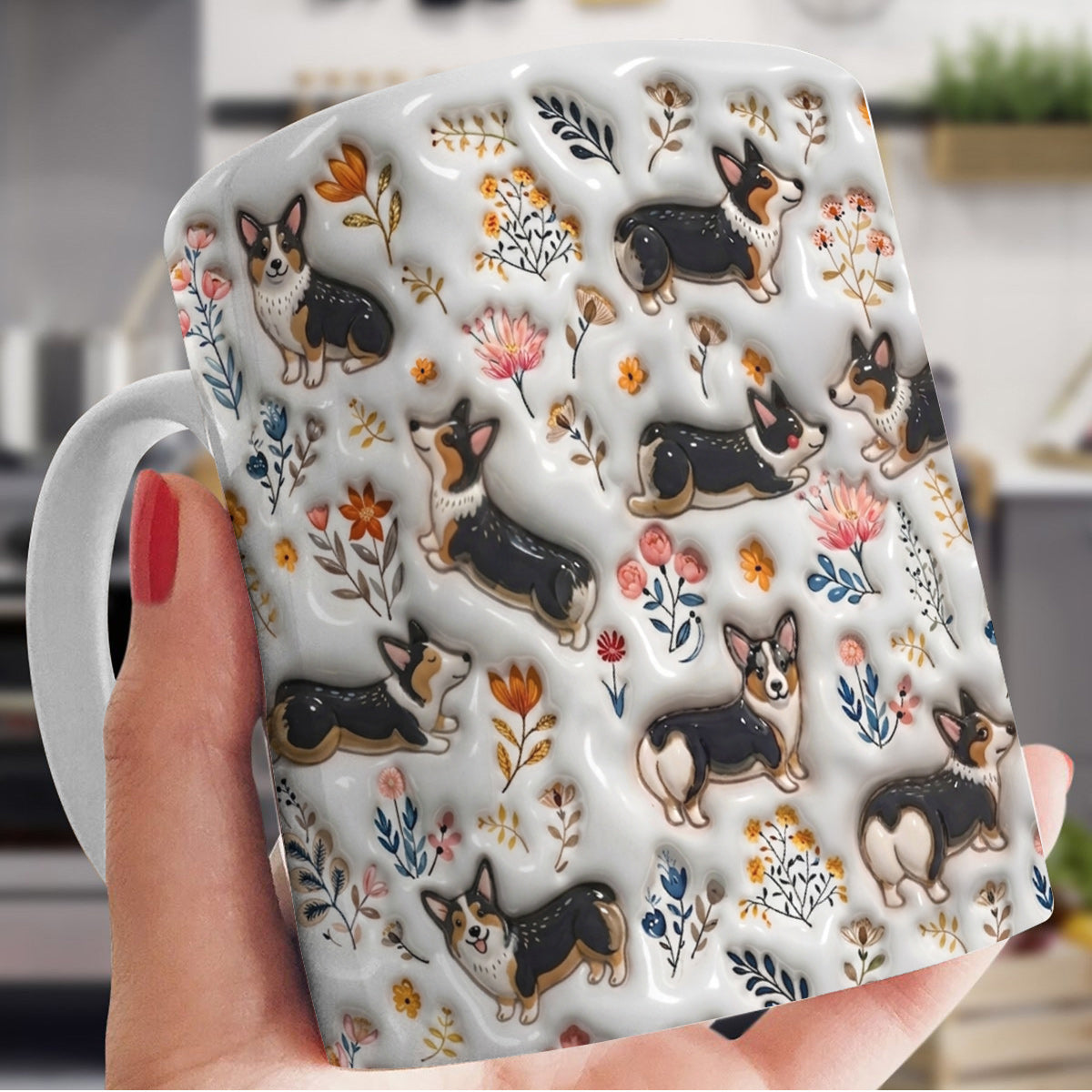 Lorva Corgi Flat Print Mug Joyful Field Flowers
