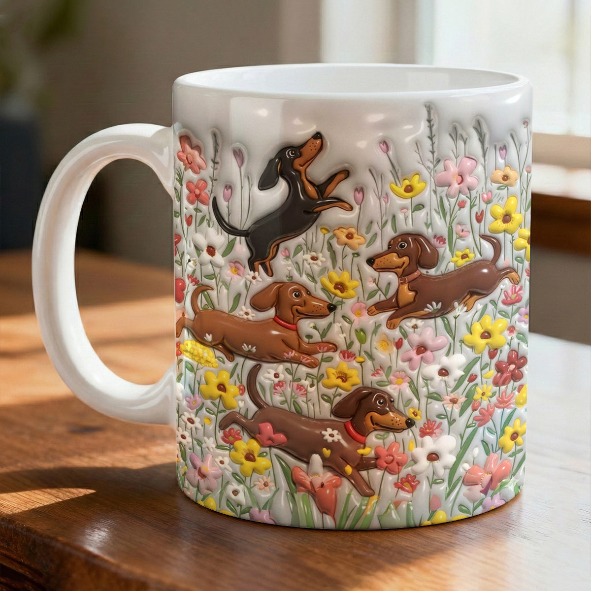 Lorva Flat Print Mug Puffy Happy Dachshunds In Flower Garden