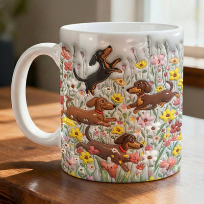 Lorva Flat Print Mug Puffy Happy Dachshunds In Flower Garden