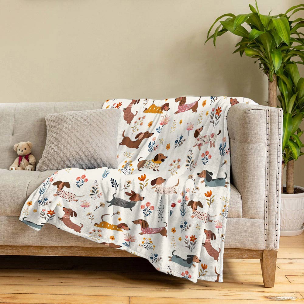 Lorva Dachshund Fleece Blanket Happy Field Flowers