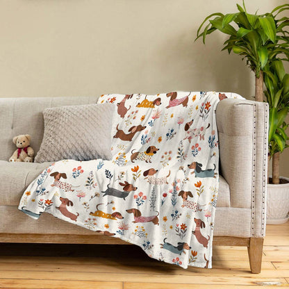 Lorva Dachshund Fleece Blanket Happy Field Flowers