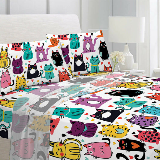 Lorva 4-Piece Bed Sheet Set Cute Kitten