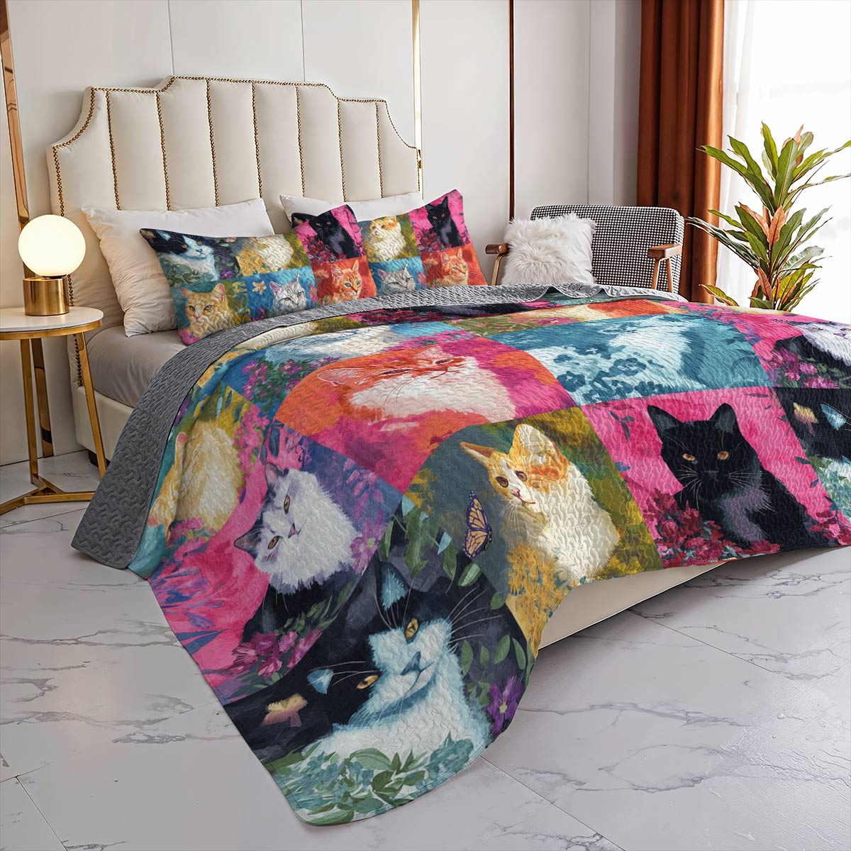 Lorva All Season Quilt 3-Piece Set Colorful Flowers Cats