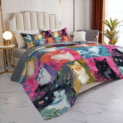 Lorva All Season Quilt 3-Piece Set Colorful Flowers Cats