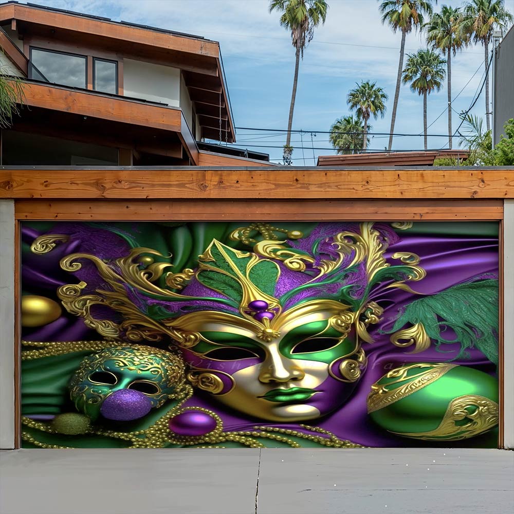 Lorva Mardi Gras Garage Door Banner Decoration Emerald Masquerade