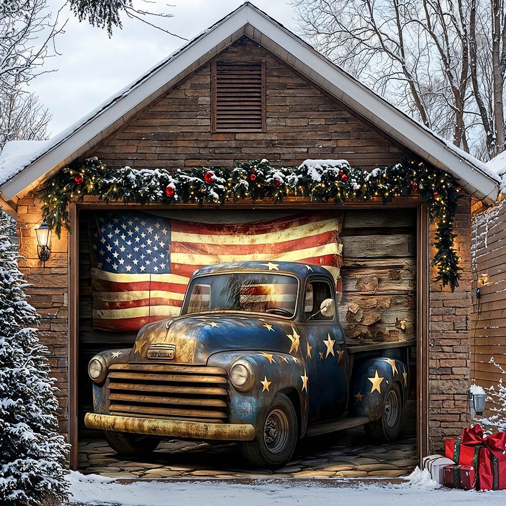 Lorva Patriotic Garage Door Banner Decoration Rustic Truck