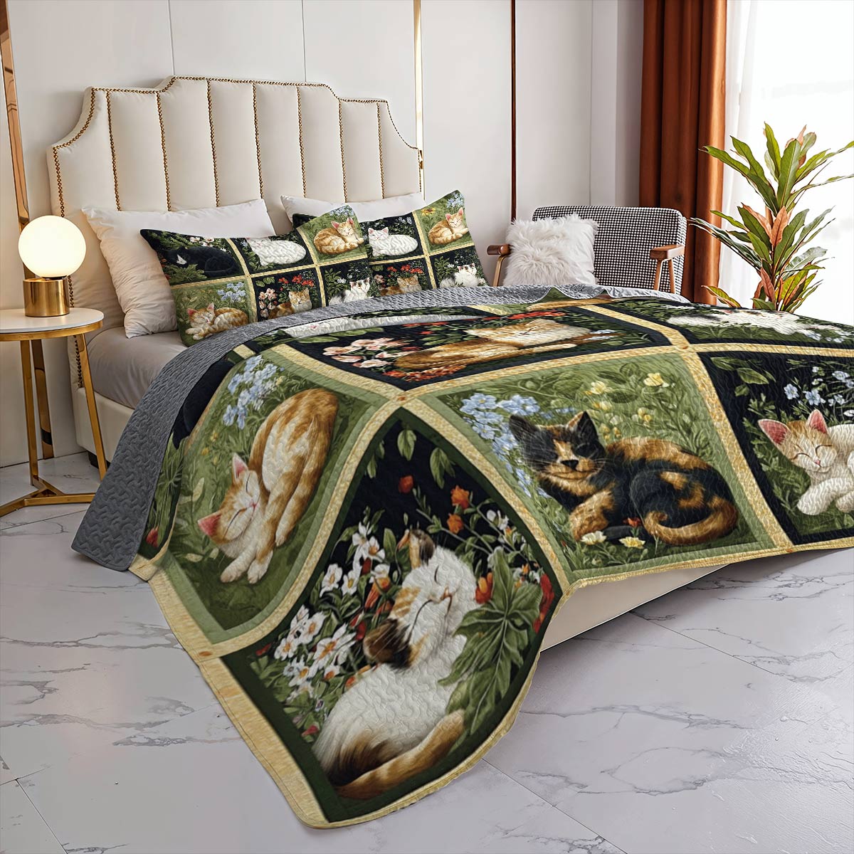 Lorva All Season Quilt 3-Piece Set Natural Sleeping Cats Collection