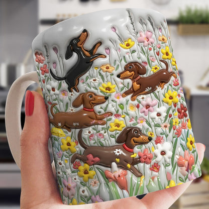 Lorva Flat Print Mug Puffy Happy Dachshunds In Flower Garden