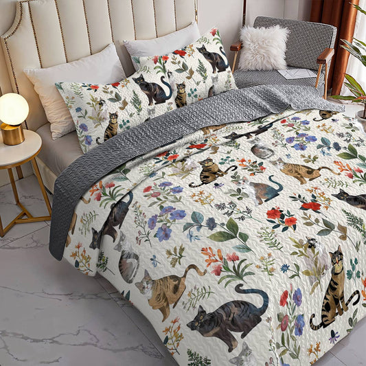 Lorva All Season Quilt 3-Piece Set Happy Floral Cats