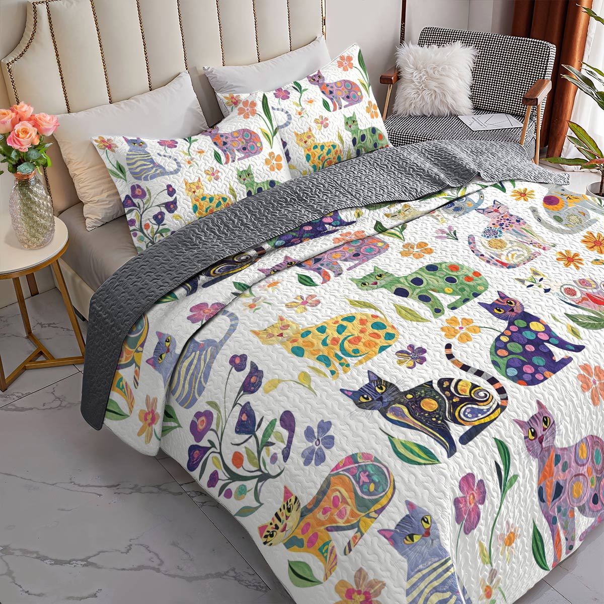 Lorva All Season Quilt 3-Piece Set Whimsical Floral Cats