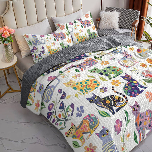 Lorva All Season Quilt 3-Piece Set Whimsical Floral Cats