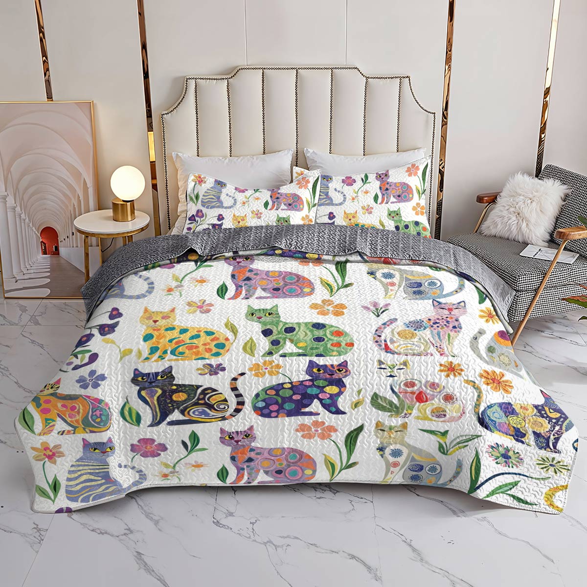 Lorva All Season Quilt 3-Piece Set Whimsical Floral Cats