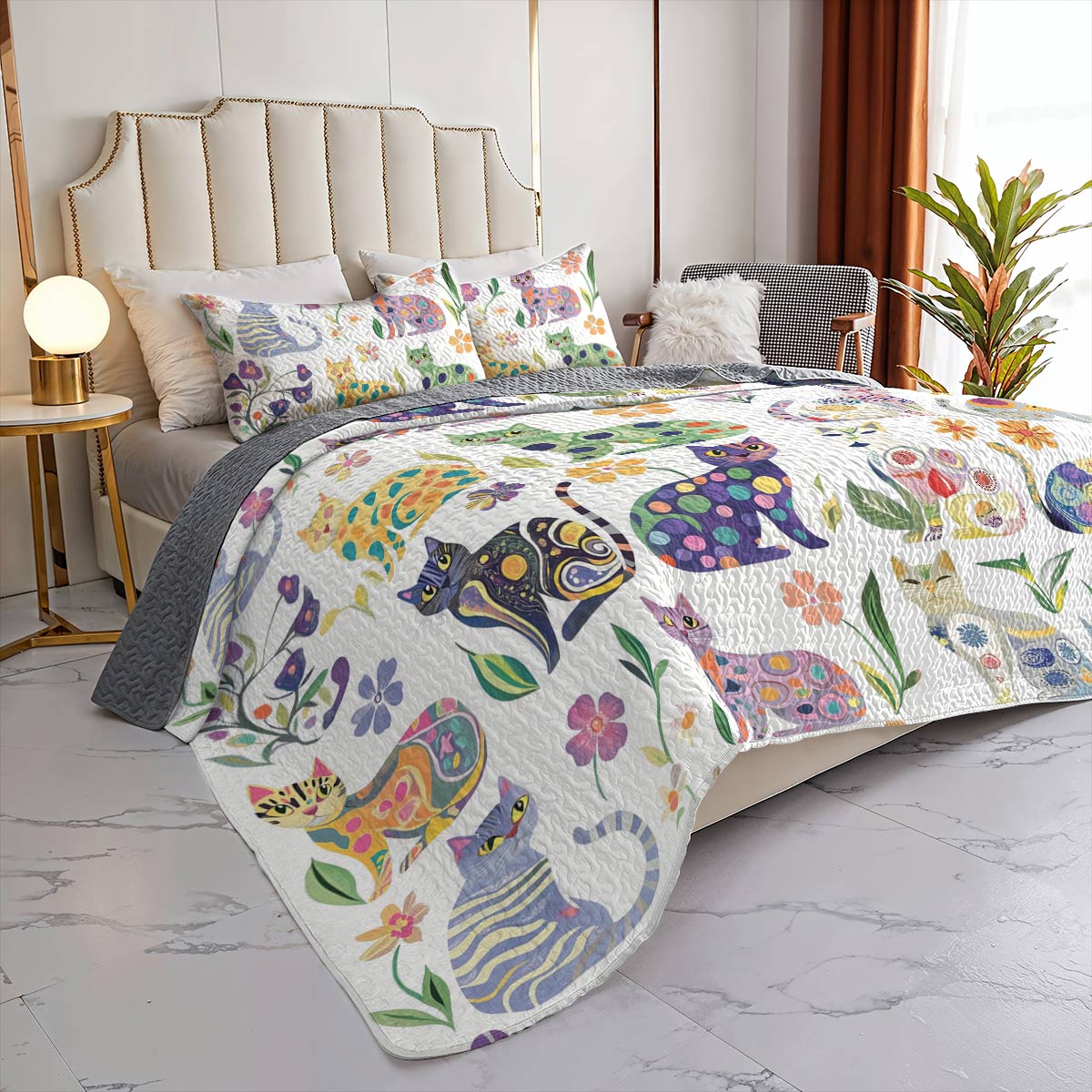 Lorva All Season Quilt 3-Piece Set Whimsical Floral Cats