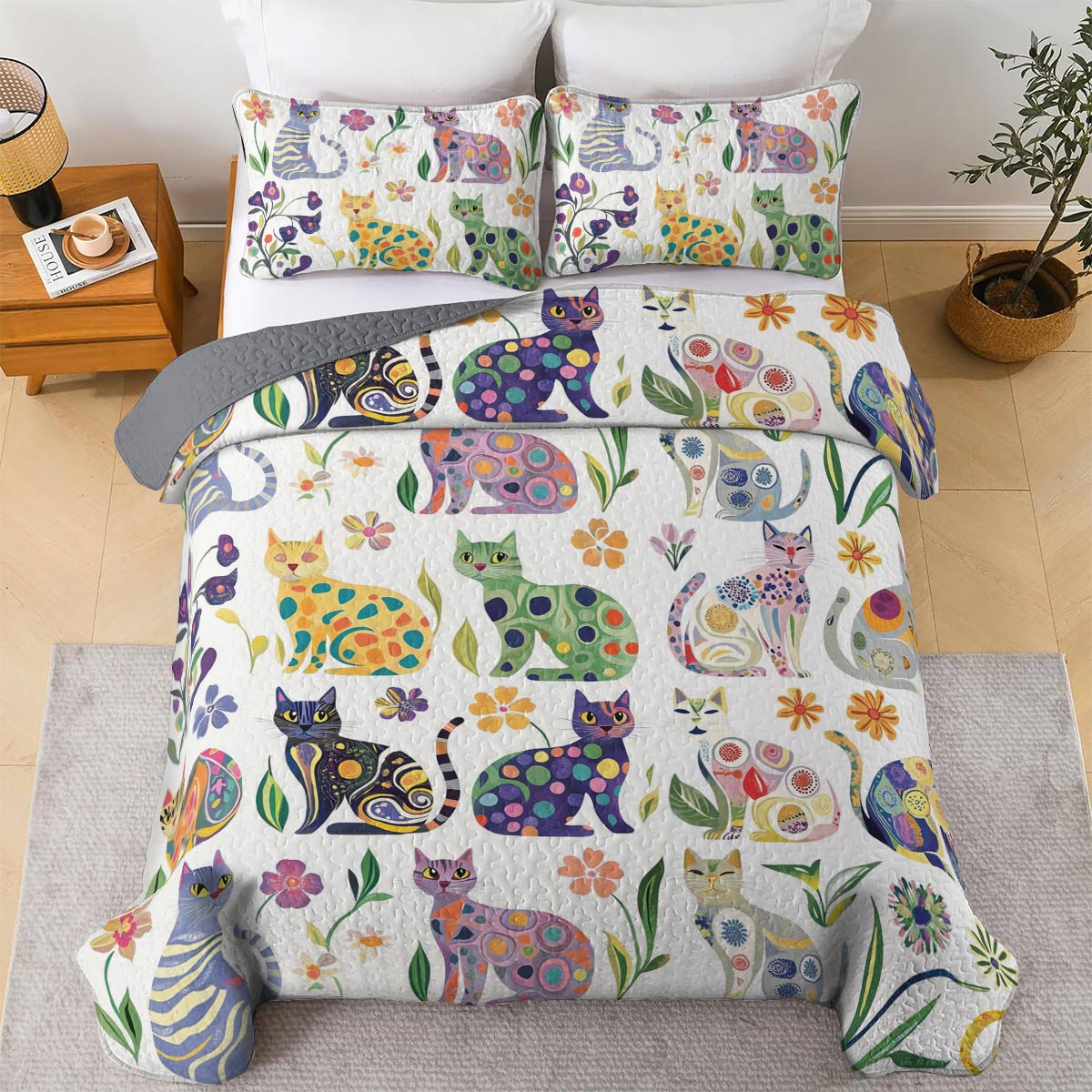 Lorva All Season Quilt 3-Piece Set Whimsical Floral Cats