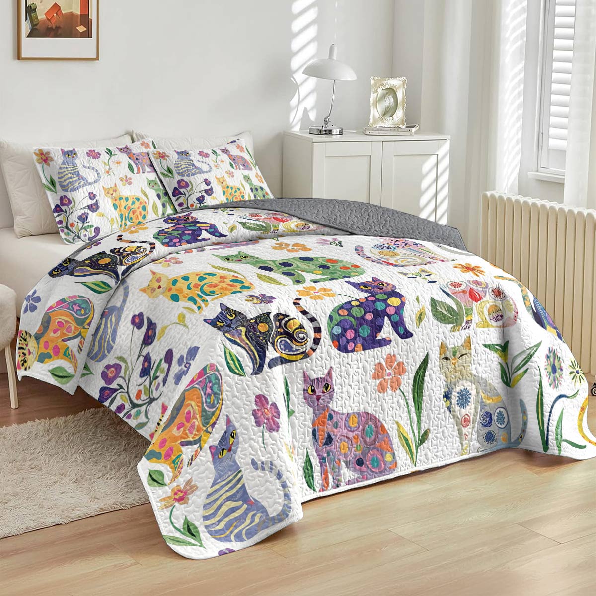 Lorva All Season Quilt 3-Piece Set Whimsical Floral Cats