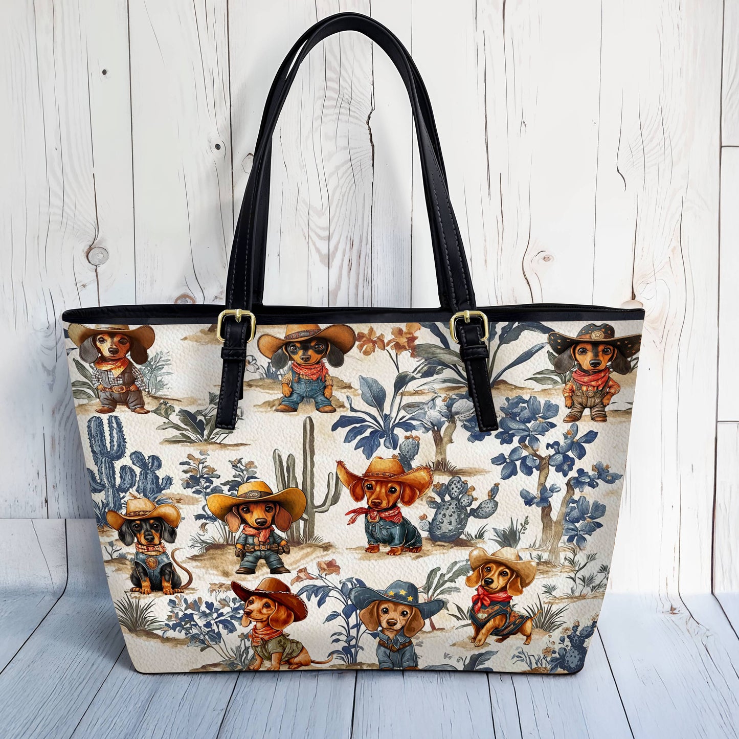 Lorva Dachshund Leather Tote Bag Cowpoke Blues & Blooms