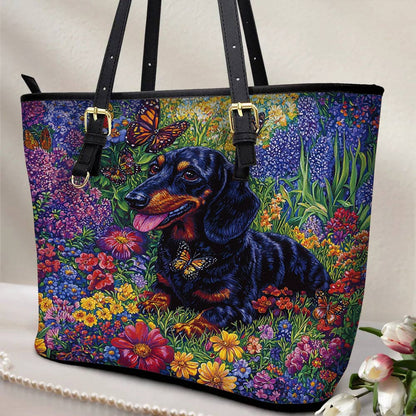 Lorva Leather Tote Bag Garden Dachshund Delight